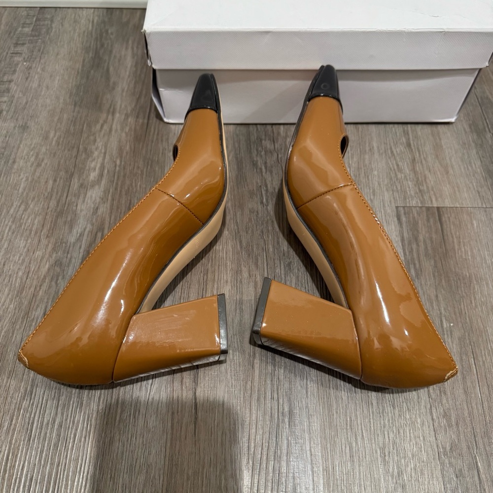 Marc Fisher Kapila Toe Cap Brown Black Patent Leather Block Pump Heels - Picture 5 of 11